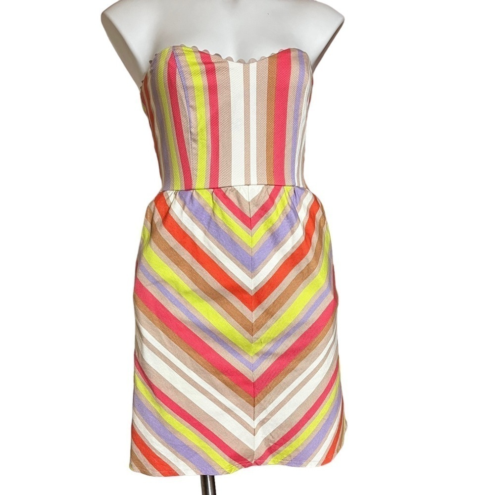 JUDITH March Mod Dress Small Retro Stripes Pink Orange Purple Tan